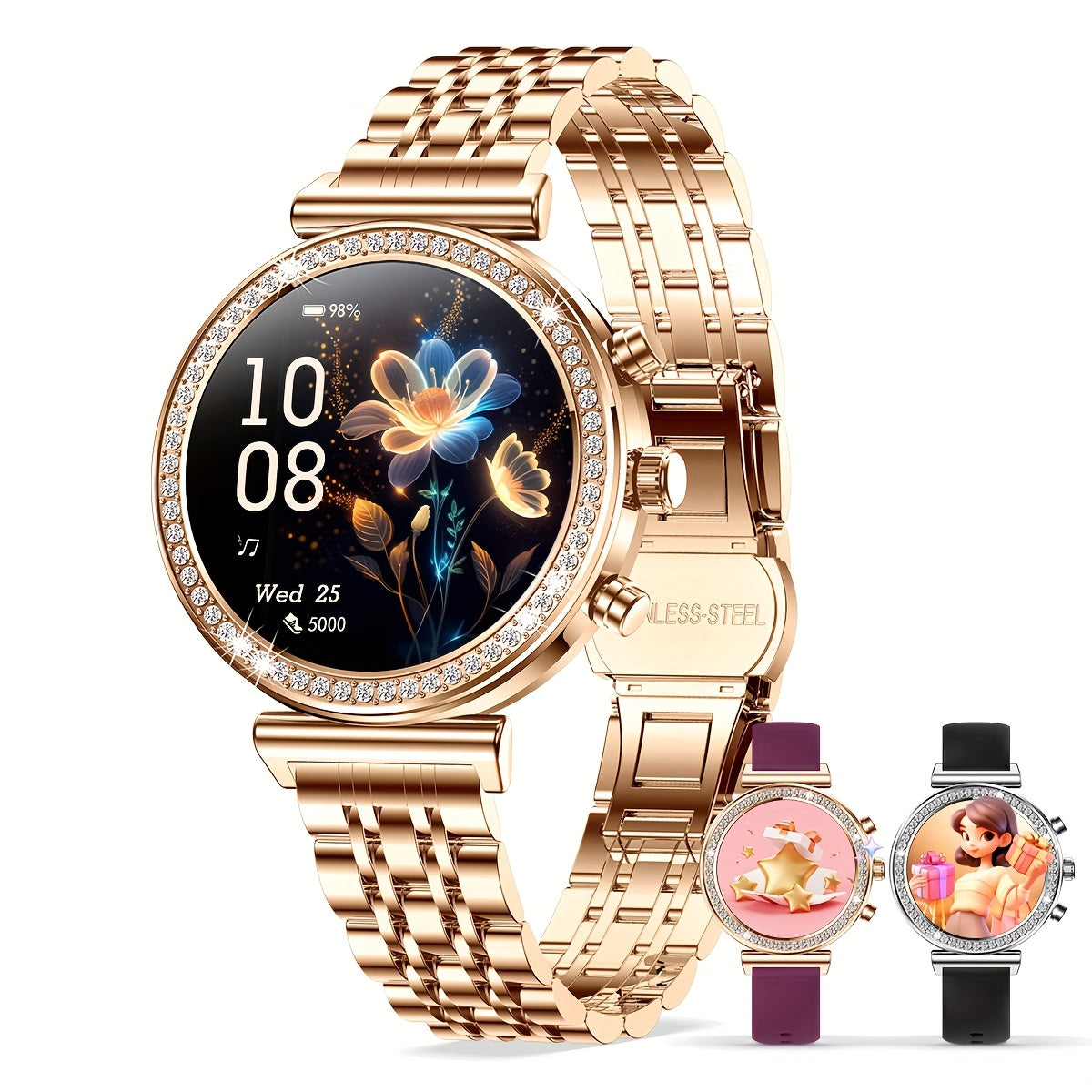 Rose Gold & Silver Gold Smartwatch – Wireless Charging & Fitness Tracker