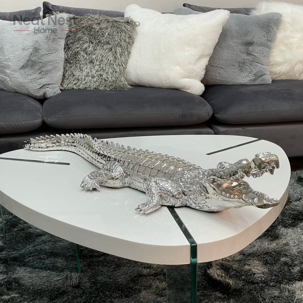 Ambrose Diamond Encrusted Chrome Crocodile Box – 34" Luxe Décor