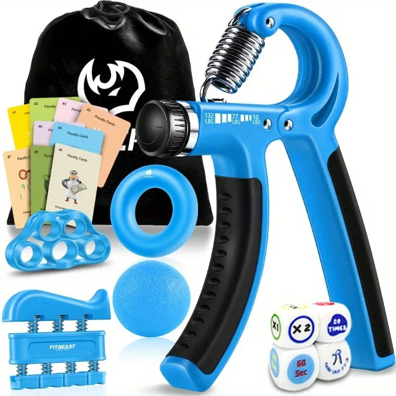 Grip Strengthener - 8 Piece Kit with Hand Grips, Dice, and Game Cards - Forearm Strength Training Option
