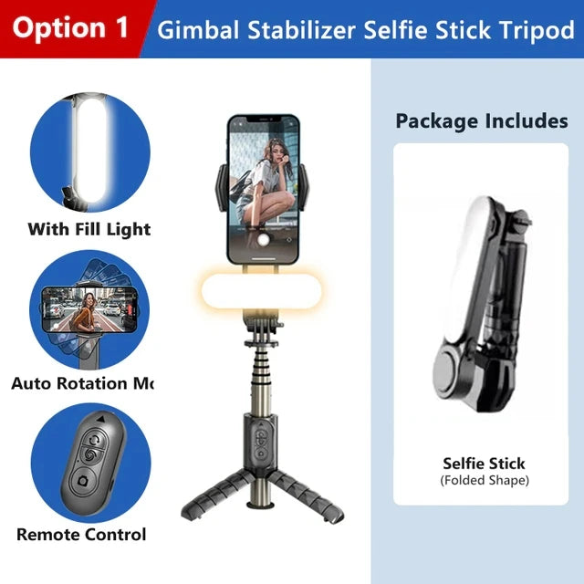 EZ Gimbal Selfie Stick Tripod w/ Light for Phones & Cam