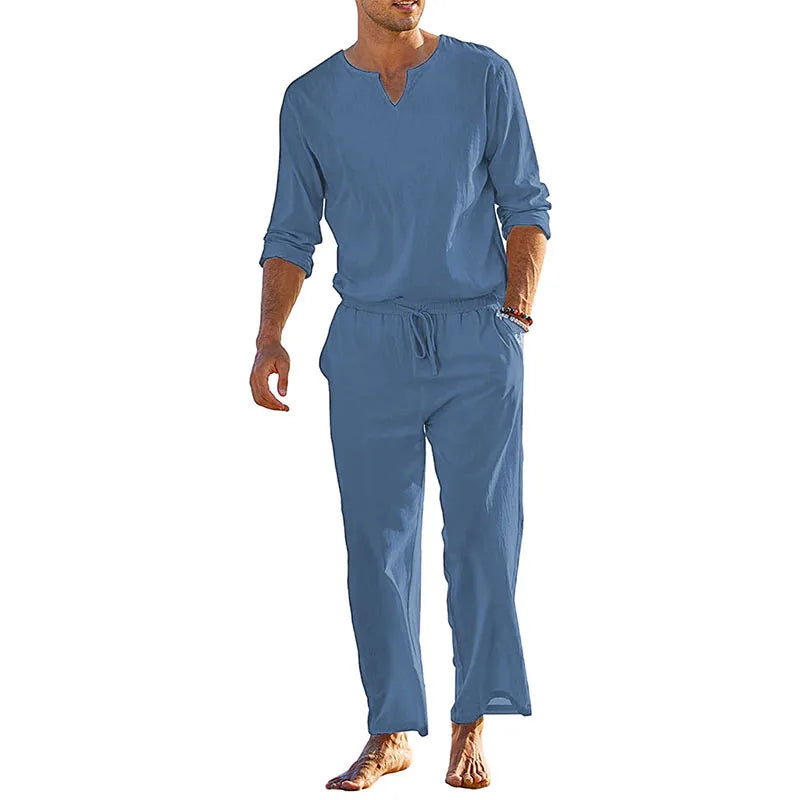 Men's Cotton Linen Summer Henley Shirt and Drawstring Pants Set Casual Comfortable Clothing for Men