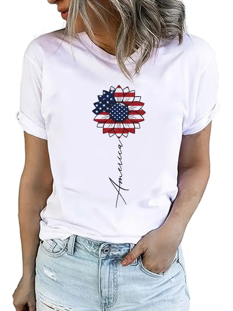 American Flag Sunflower Graphic T-Shirt Casual Loose Fit Tee
