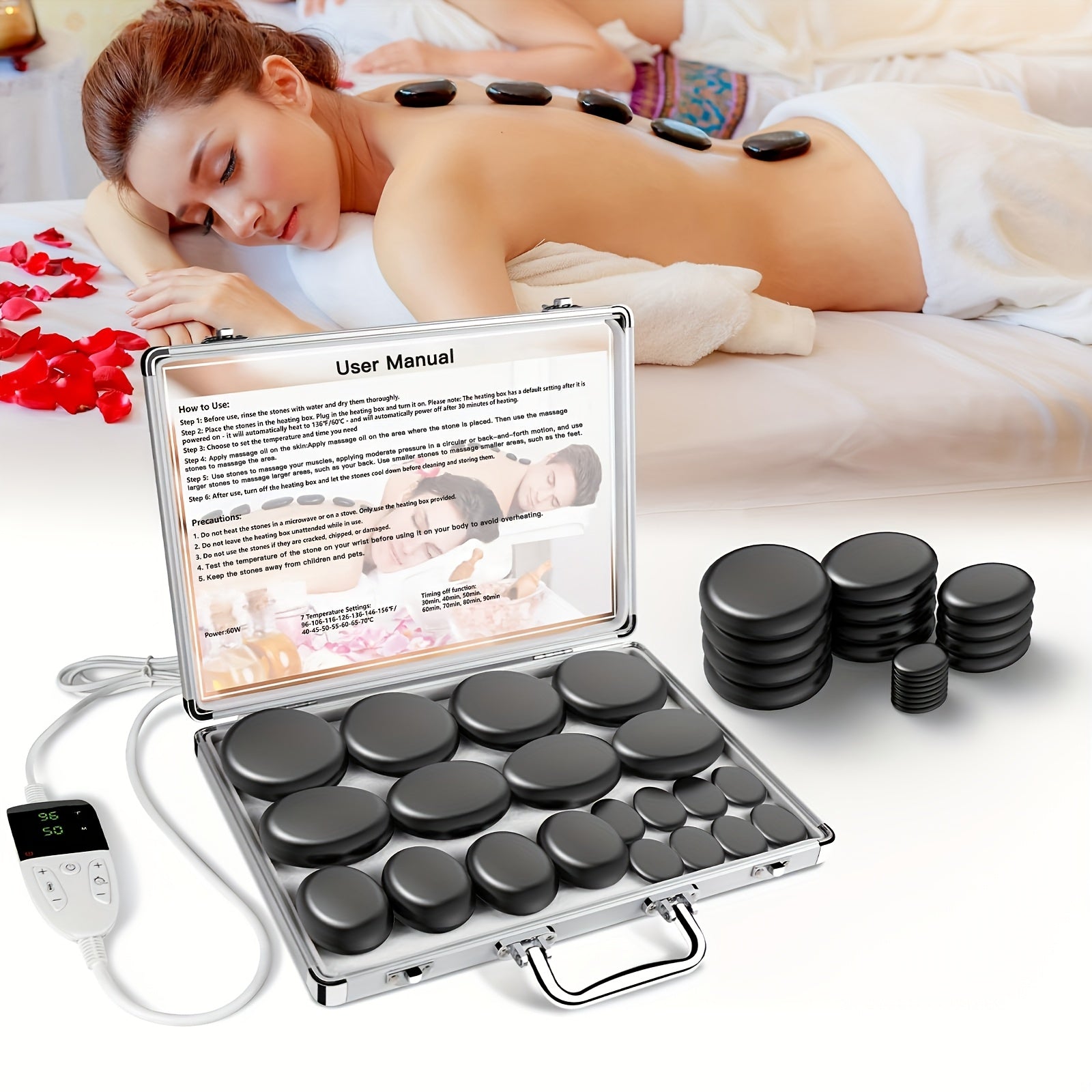 Hot Stones Massage Set with Heater - 20pcs for Full Body Spa