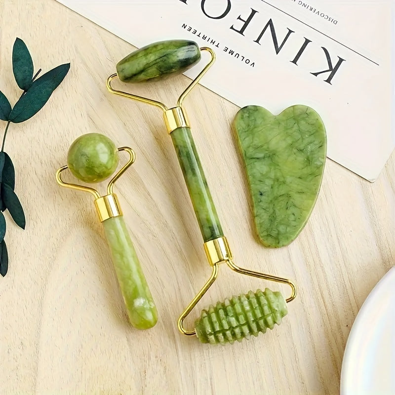 FORICOM 3pcs Jade Roller & Gua Sha Set with Shaped Comb - Fragrance-Free Beauty Tools