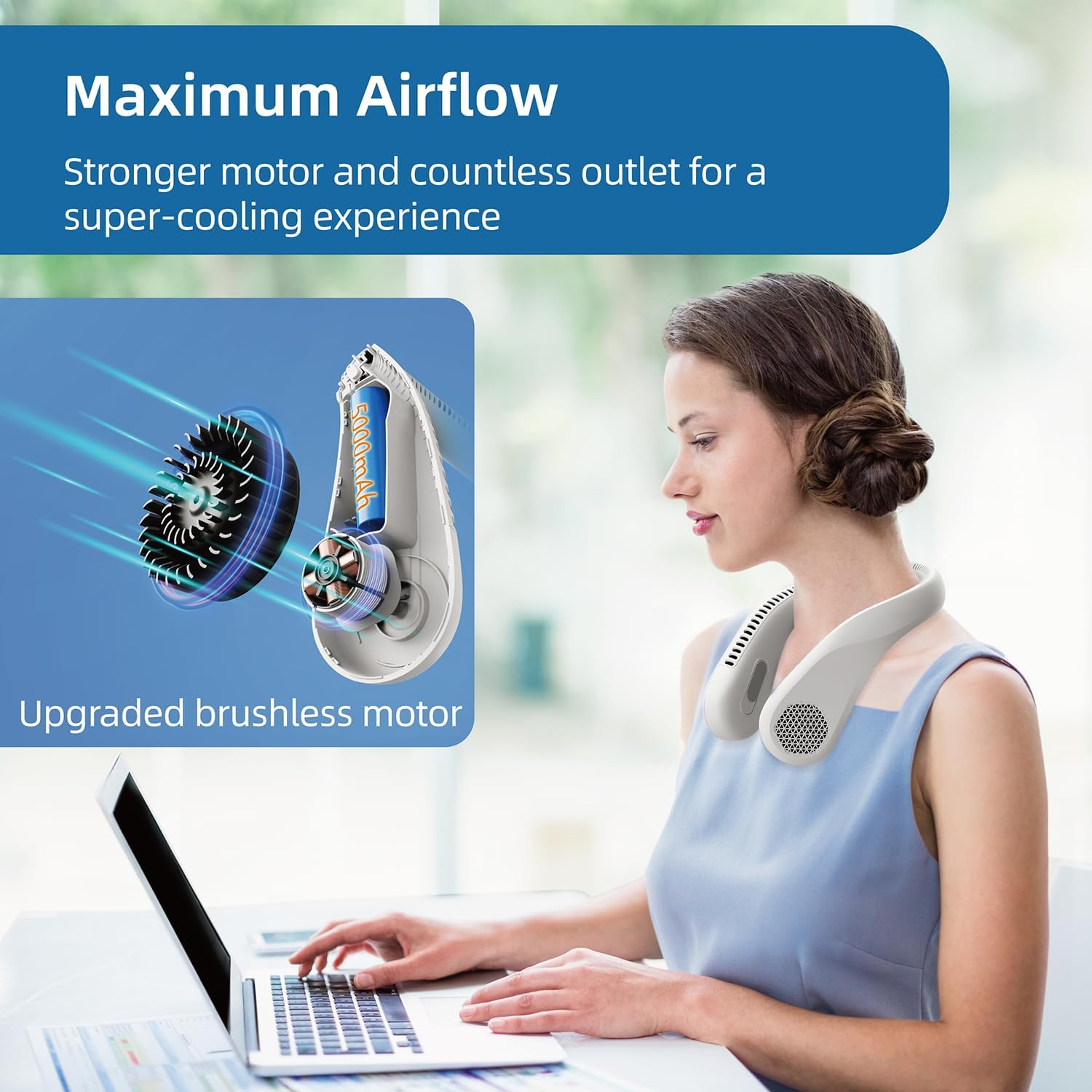 Portable Neck Fan, Blade-less, 3 Speeds, 5200mAh Battery [Limited Time Deal]