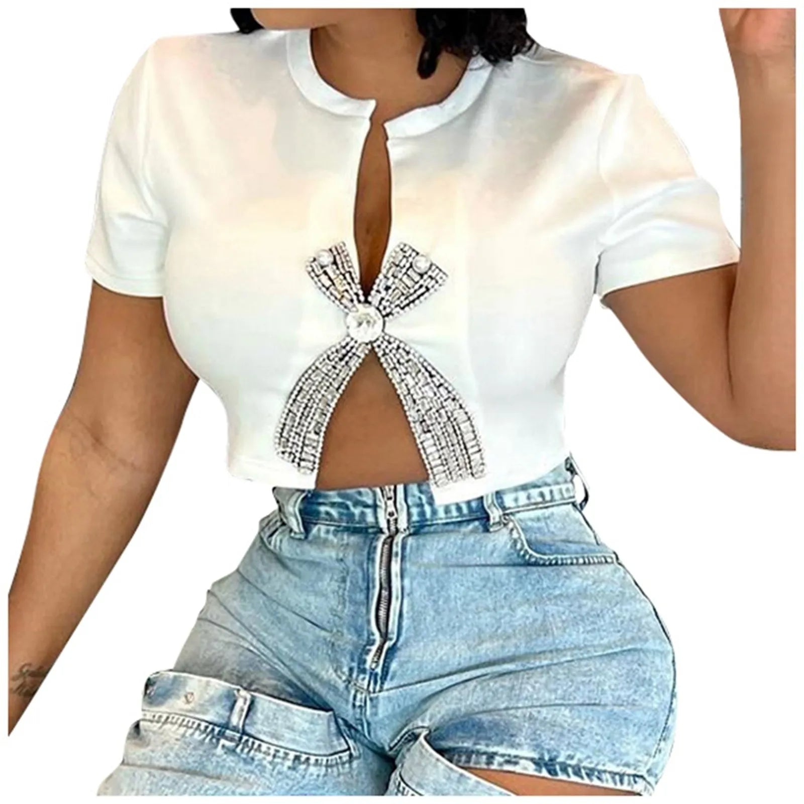 Sexy Slim Fit Tee Summer Casual Split Diamond Top for Women