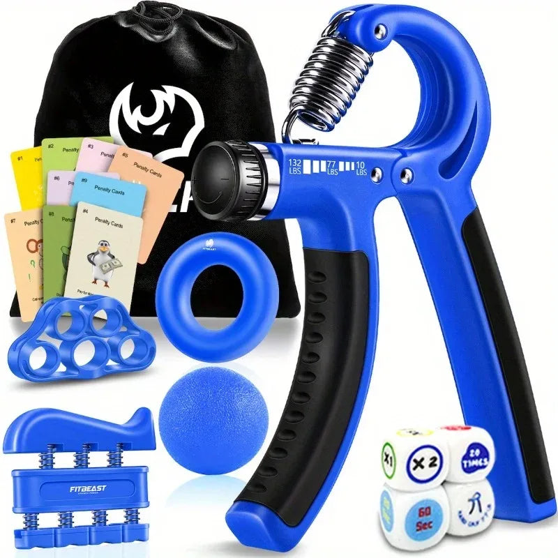 Grip Strengthener - 8 Piece Kit with Hand Grips, Dice, and Game Cards - Forearm Strength Training Option