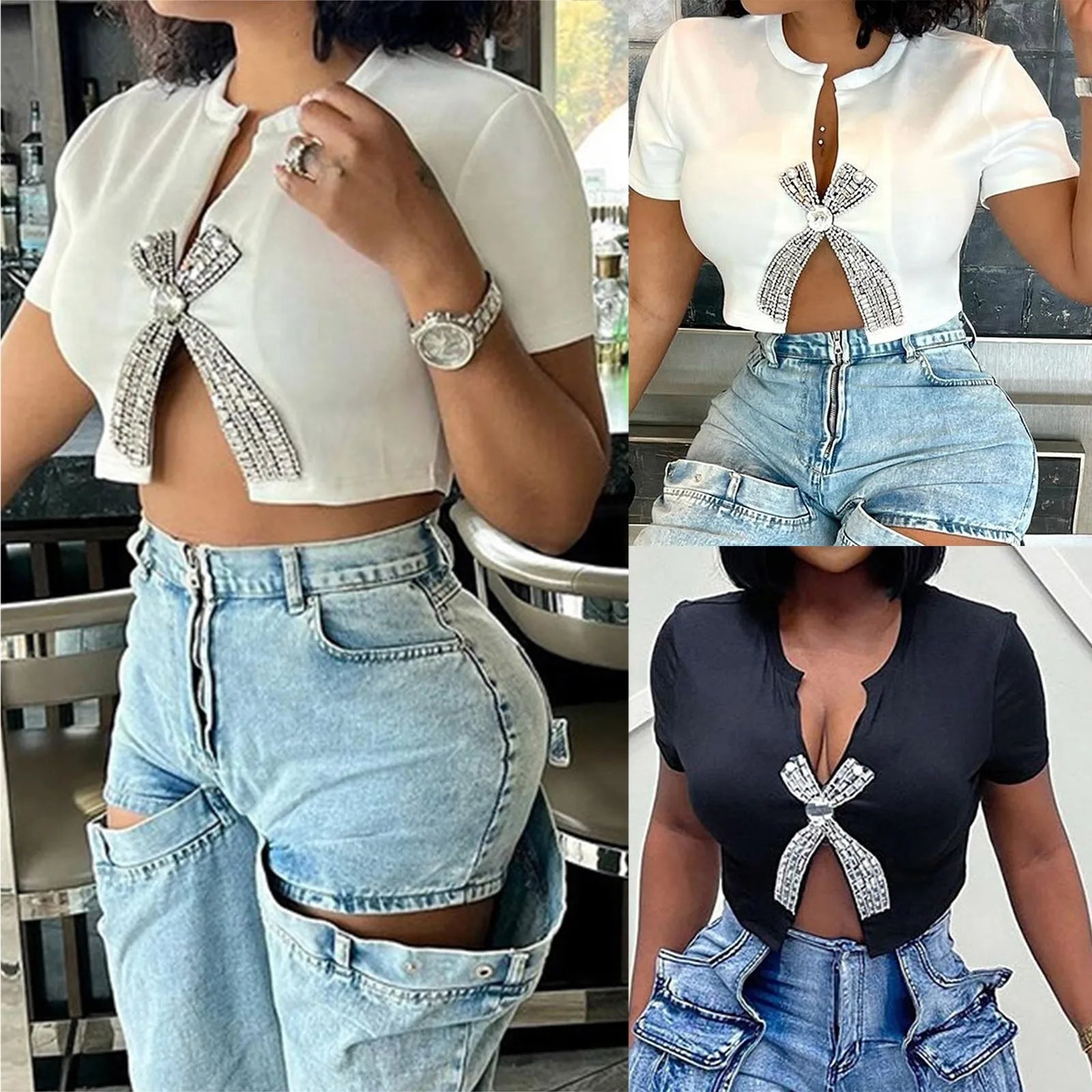 Sexy Slim Fit Tee Summer Casual Split Diamond Top for Women