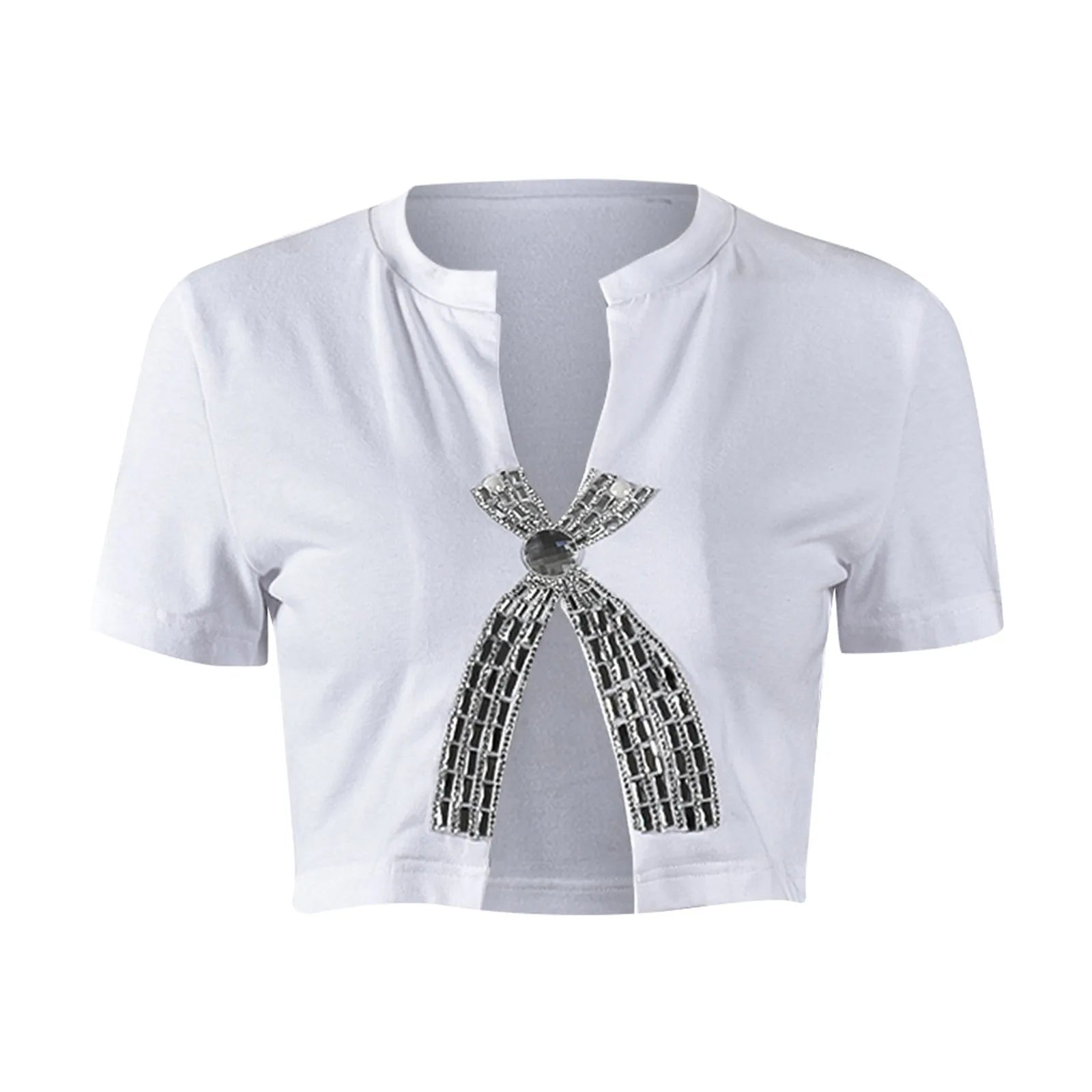 Sexy Slim Fit Tee Summer Casual Split Diamond Top for Women