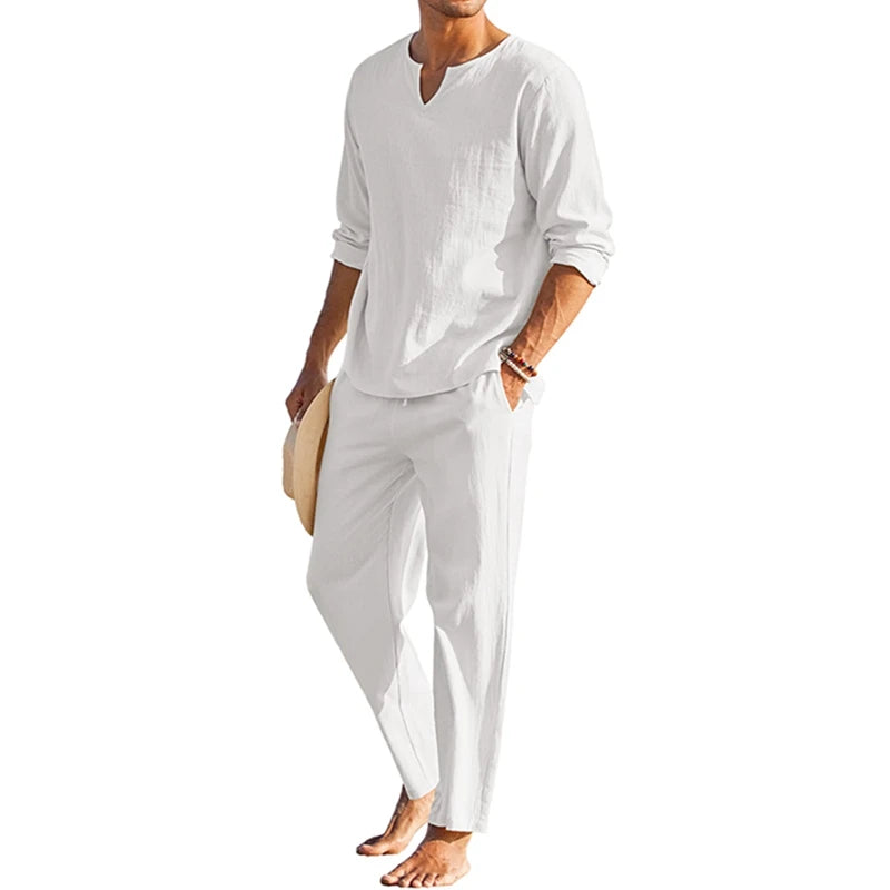 Men's Cotton Linen Summer Henley Shirt and Drawstring Pants Set Casual Comfortable Clothing for Men