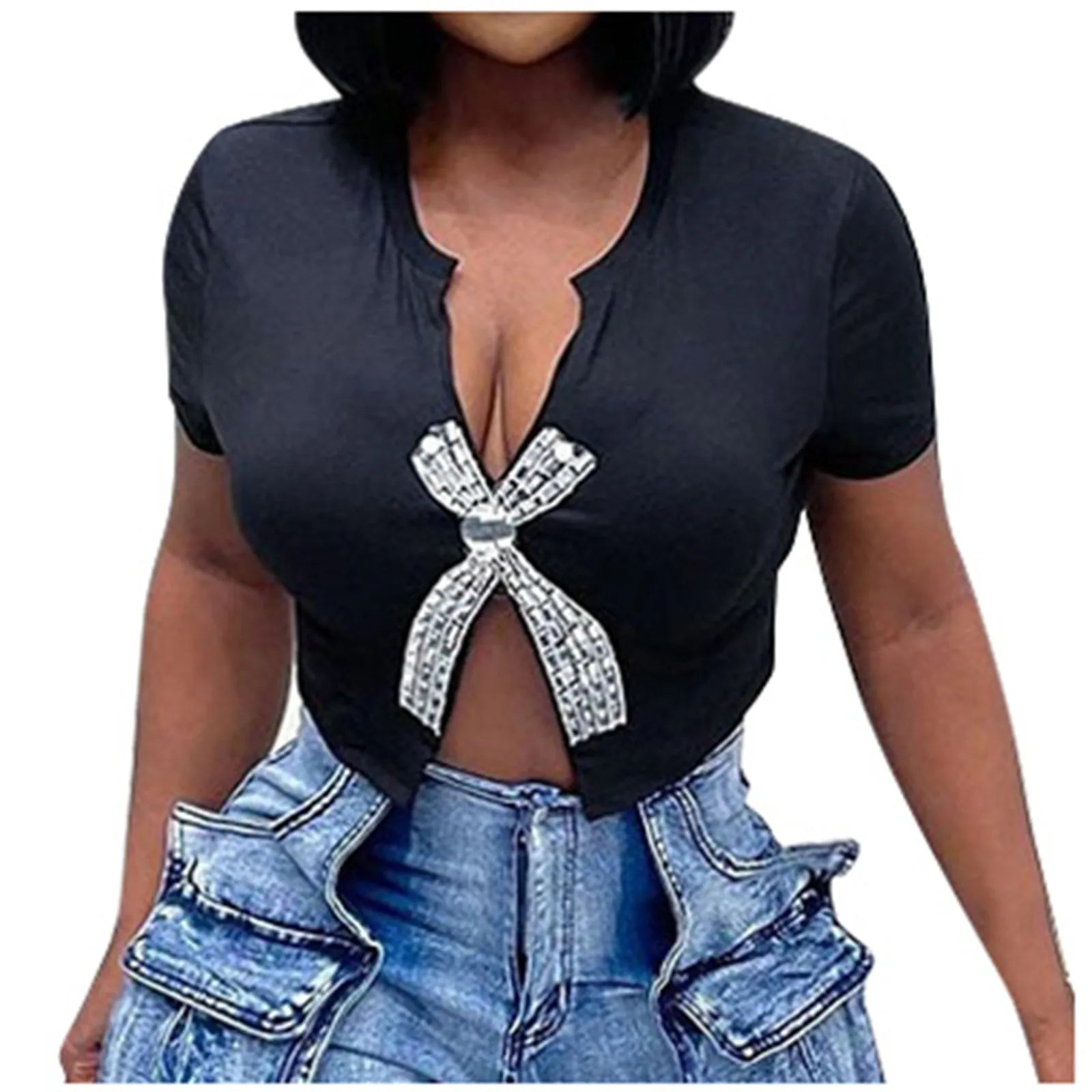 Sexy Slim Fit Tee Summer Casual Split Diamond Top for Women