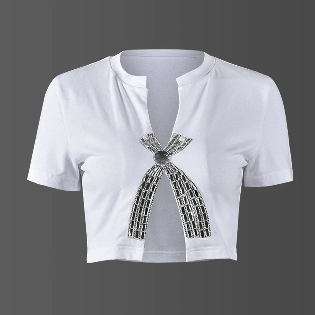Sexy Slim Fit Tee Summer Casual Split Diamond Top for Women