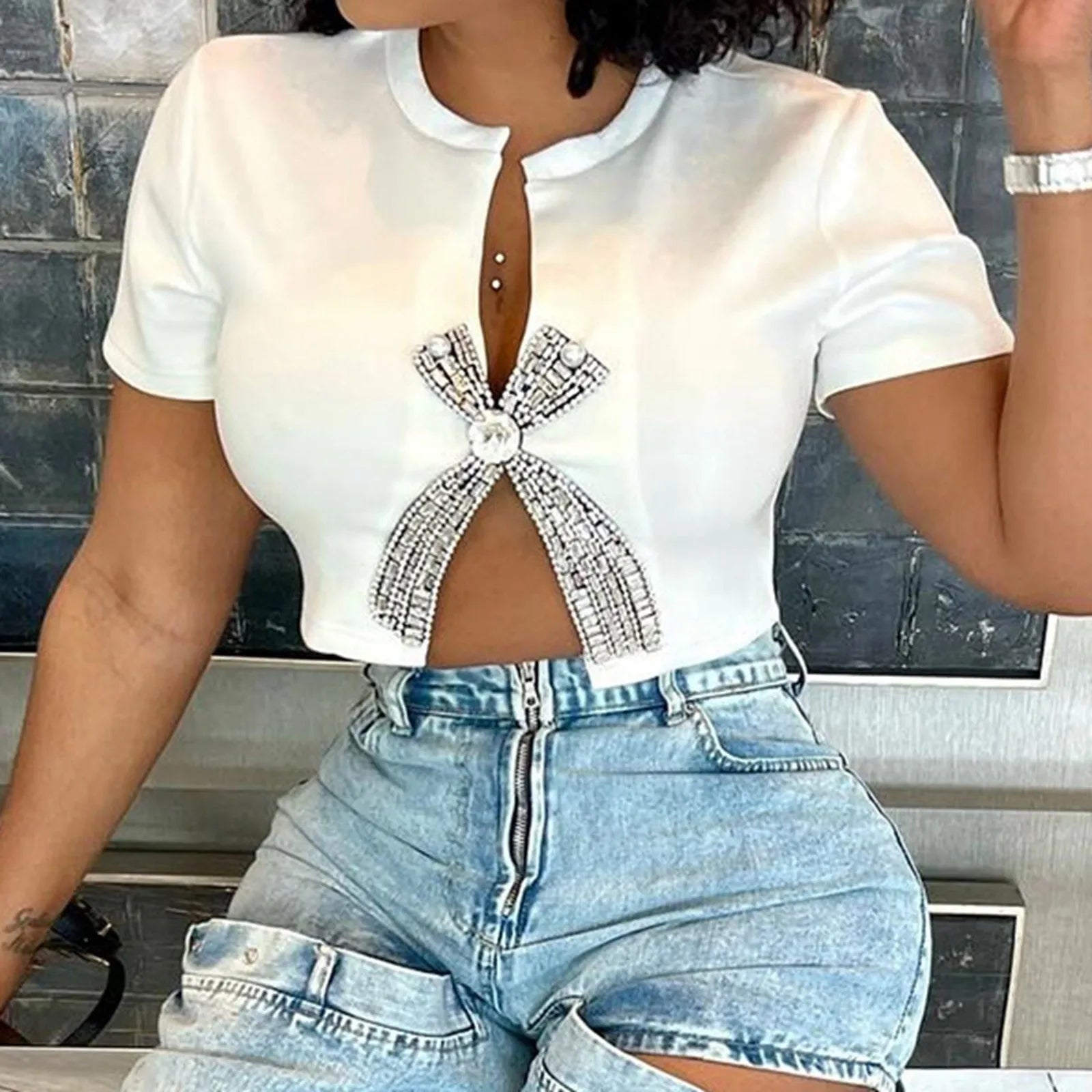 Sexy Slim Fit Tee Summer Casual Split Diamond Top for Women