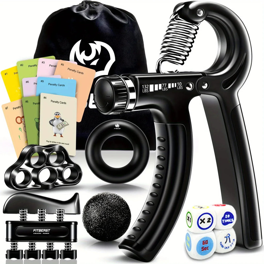 Grip Strengthener - 8 Piece Kit with Hand Grips, Dice, and Game Cards - Forearm Strength Training Option