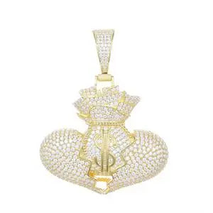 Moissanite Broken Heart Money Bag Pendant Necklace Hip Hop Jewelry for Men in 925 Sterling Silver