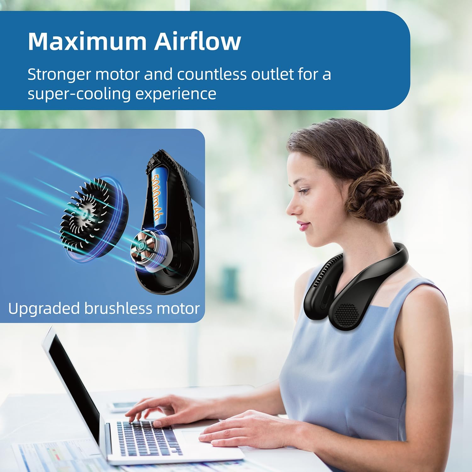 Portable Neck Fan, Blade-less, 3 Speeds, 5200mAh Battery [Limited Time Deal]
