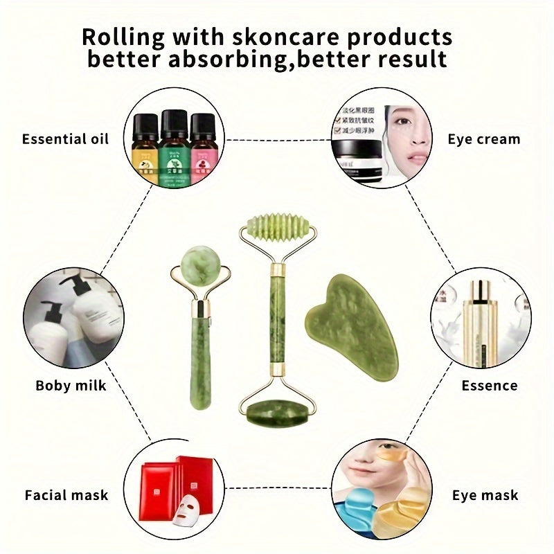 FORICOM 3pcs Jade Roller & Gua Sha Set with Shaped Comb - Fragrance-Free Beauty Tools